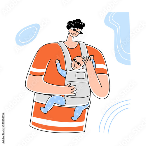 Vector flat illustration of  happy father with baby in slings. Concept easy carry for children, kangaroo, slings, ergo backpacks.
