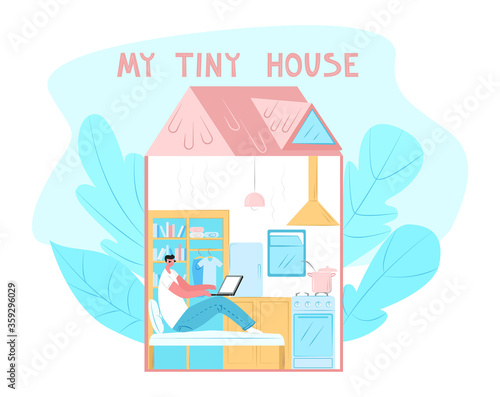 Vector flat illustration of tiny, compact house and its interior with resident. You can use it in banners, posters, landing pages, web design, etc.