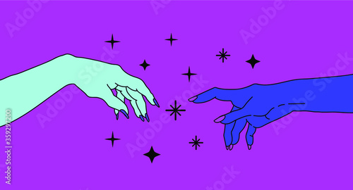 Two hands with manicure is going to touch together. The Creation of Adam with Woman's hands in Old school (tattoo) style.