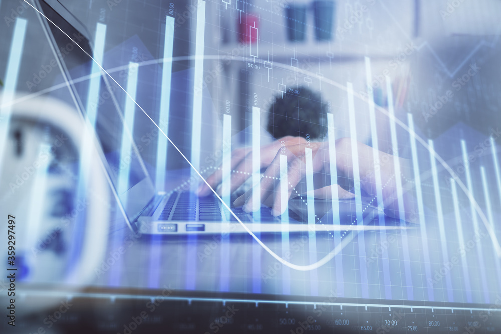 Double exposure of woman hands typing on computer and forex chart hologram drawing. Stock market invest concept. Double exposure of woman hands typing on computer and forex chart hologram drawing. Stock market invest concept.