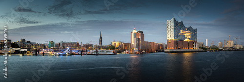 Panorama of the Hamburg harbour near St. Pauli / Landungsbrücken