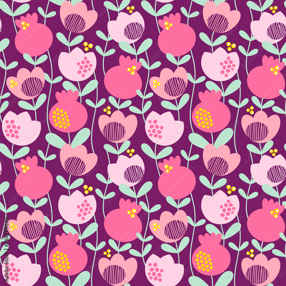 Seamless vector pattern with decorative pomegranates and flowers on a dark background.