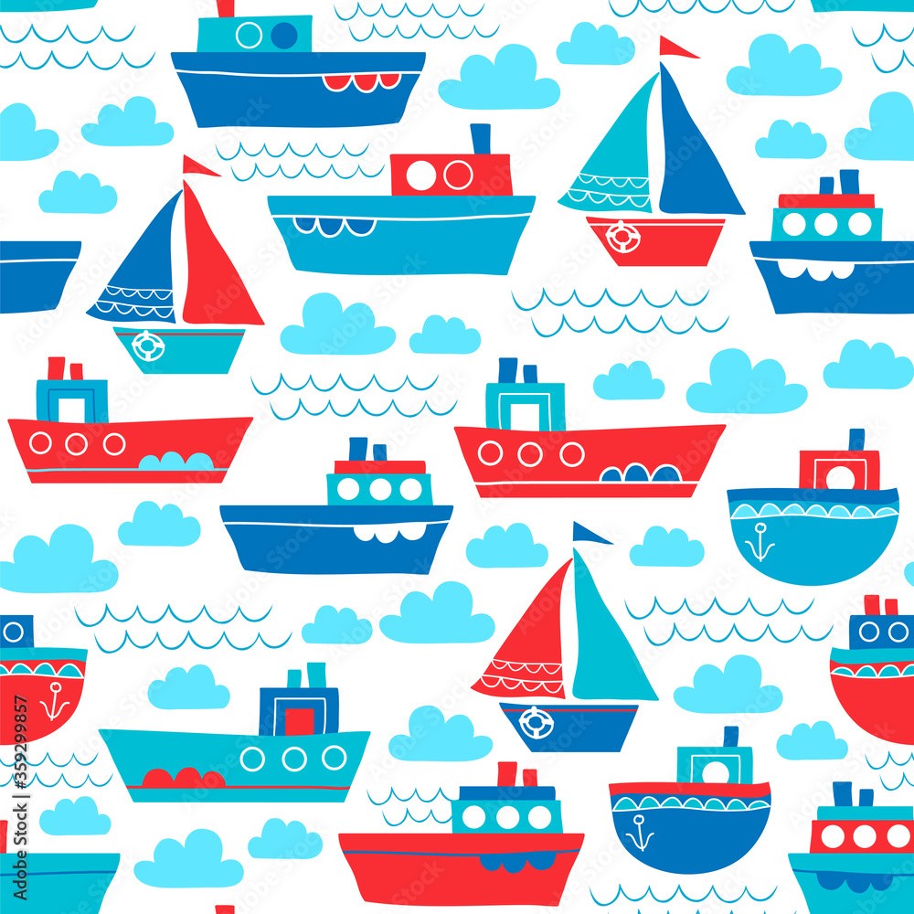 Seamless vector pattern with ships in childish style.