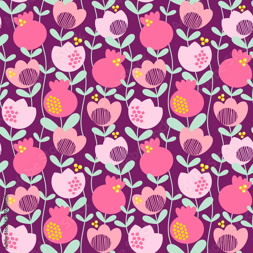 Seamless vector pattern with decorative pomegranates and flowers on a dark background.