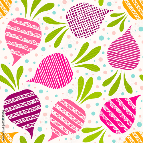 Seamless vector pattern with cute beetroots and dots.