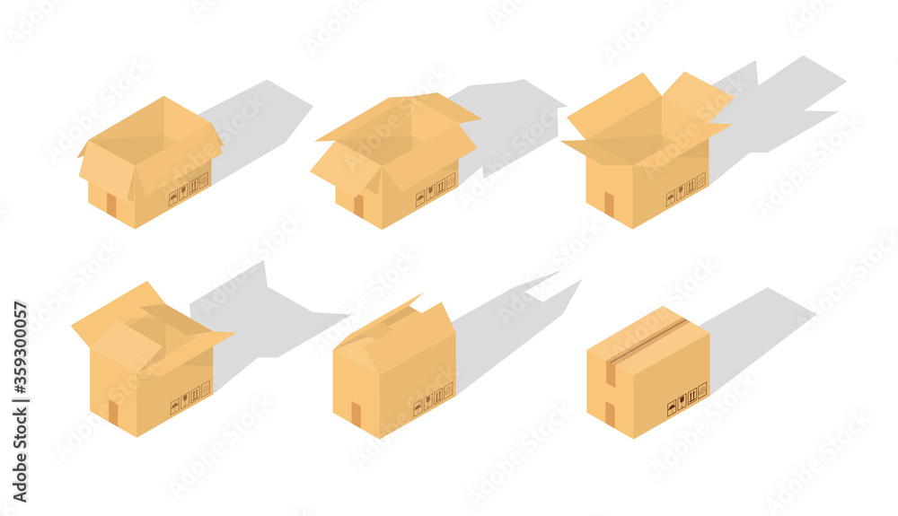 Set of closed and open cardboard boxes isometric on white background with fragile signs . Transportation, shipping. Cardboard box mockup. Vector illustration.
