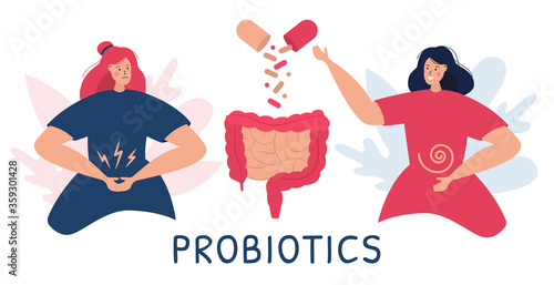 Vector illustration of two women before and after taking probiotic pills to help their digestion. Female suffers from bowel or intestine pains and uses bacillus and bacterium to improve stomach work.