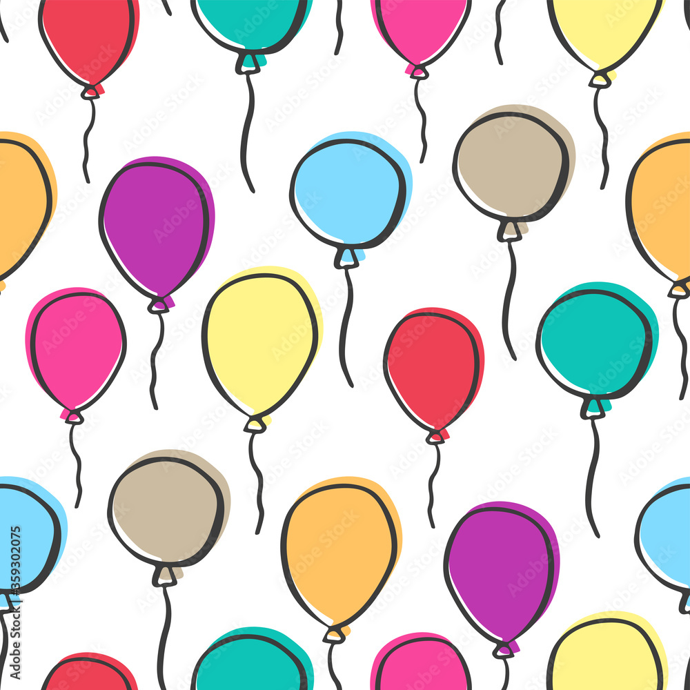 Beautiful multi-colored balloons isolated on white background. Cute childish seamless pattern. Hand drawn vector flat graphic illustration. Texture.