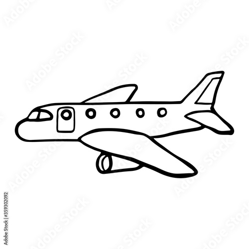 Airplane icon. Side view. Black contour silhouette. Hand drawn vector flat graphic illustration. Isolated object on a white background. Isolate.