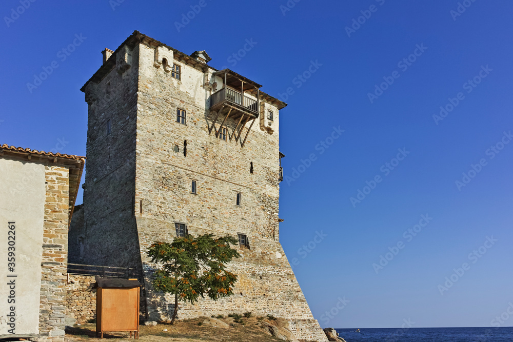 The old tower in town of Ouranopoli, Athos, Greece