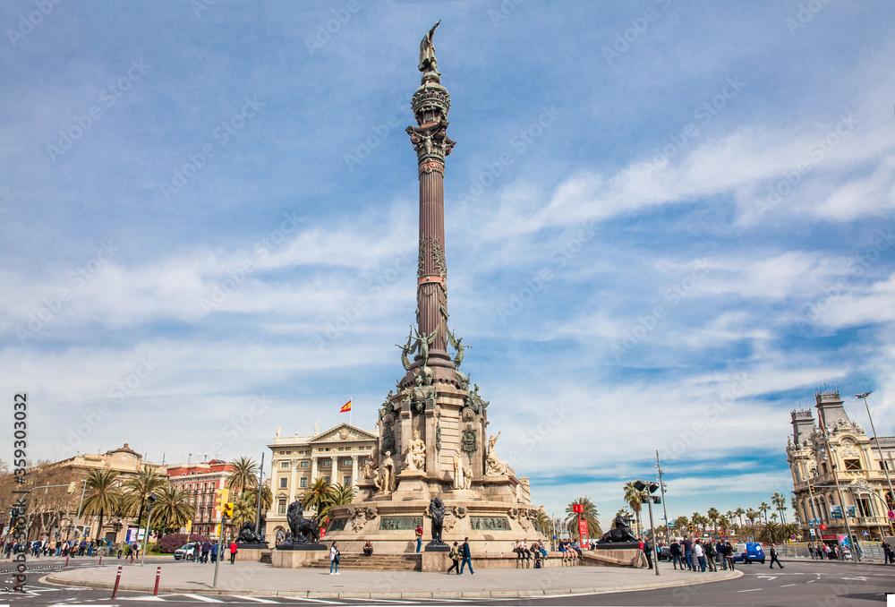 Monument to Christopher Columbus at the lower end of La Rambla in Barcelona Spain