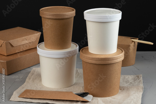 Eco packaging - soup in a craft glass for soup for a delivery service. Vegan food.
