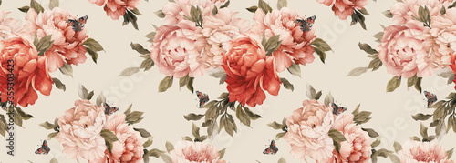 Seamless floral pattern with peony flowers on summer background, watercolor. Template design for textiles, interior, clothes, wallpaper. Botanical art