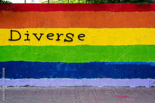 Wall with the colors of the LGBT flag and the word diverse written on it.