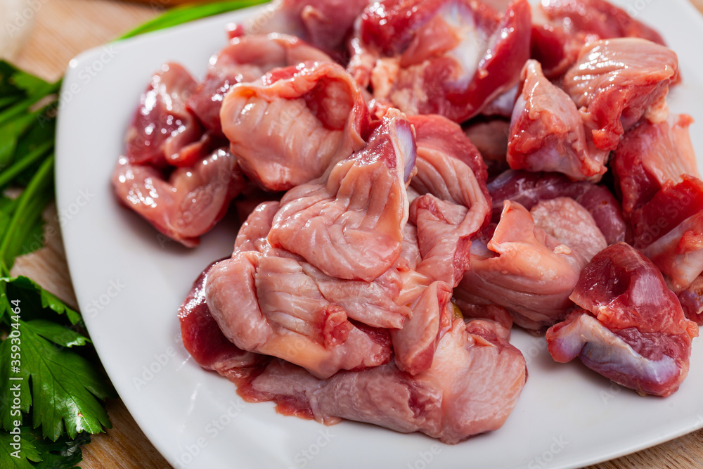Closeup of fresh raw chicken gizzards