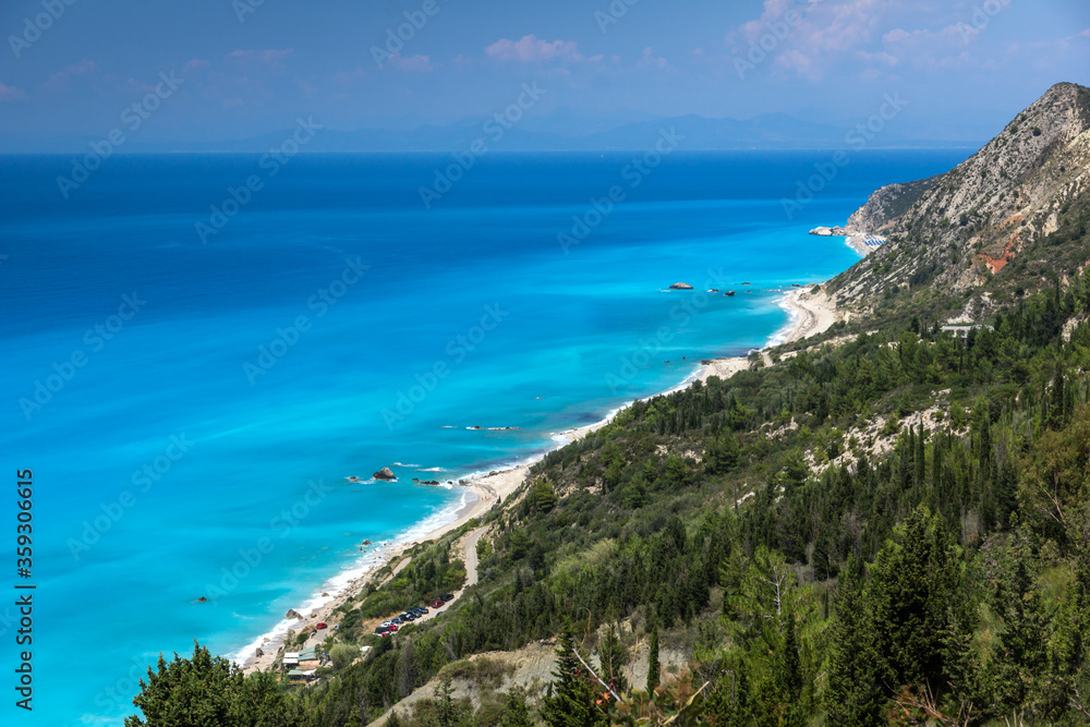 Panoramic landscape with blue waters, Lefkada, Greece