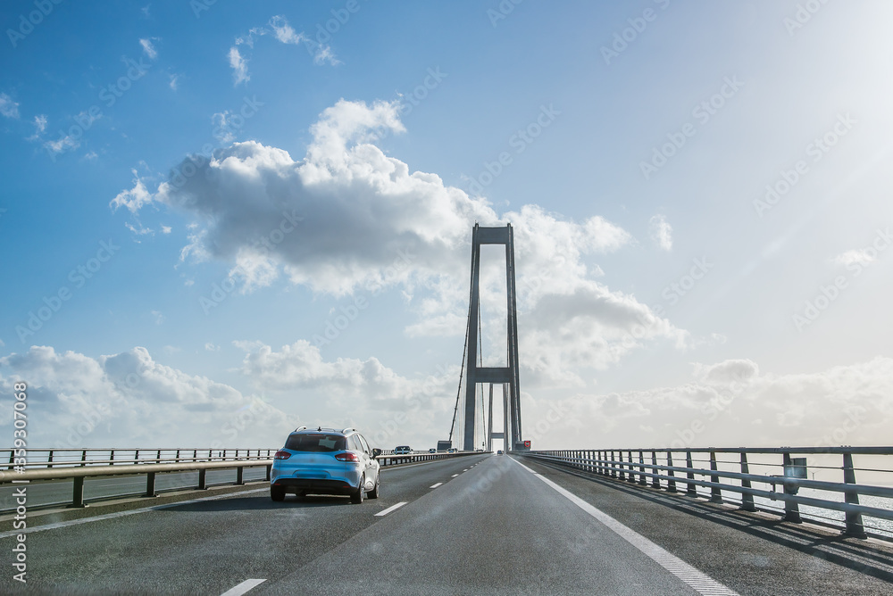 Cars on the suspension bridge over the great belt in Denmark