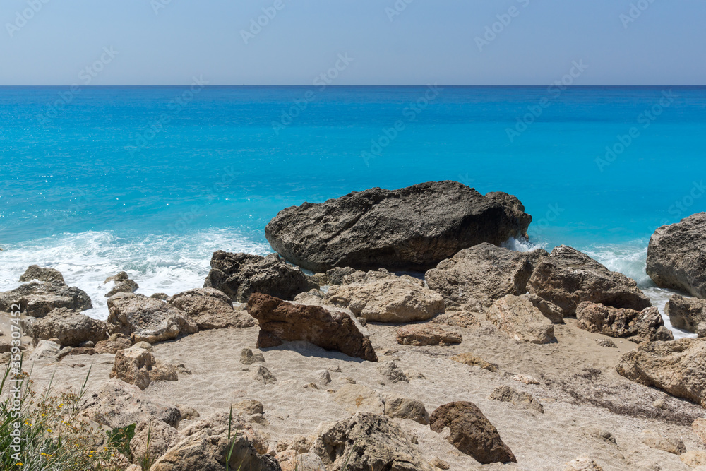 blue waters and rocks of Megali Petra Beach, Lefkada, Greece