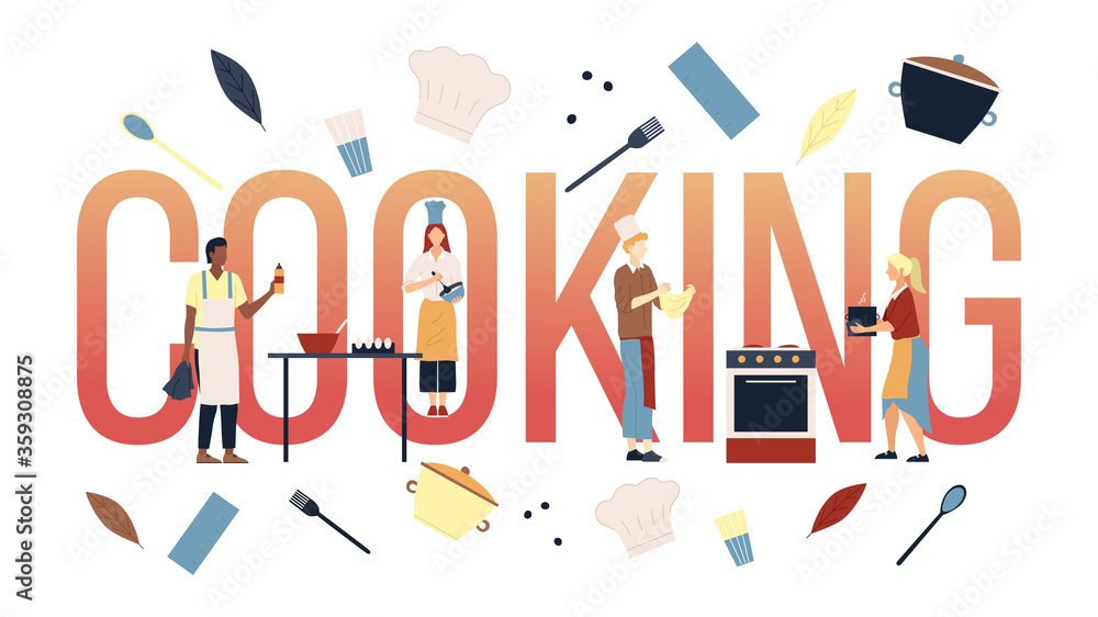 Concept Of Cooking. Group Of People Cook Meal Together. Professional Chefs In Uniform Kneading Dough For Pizza, Scrambling Eggs, Prepare Ingredients For Dish. Cartoon Flat Style. Vector Illustration Concept Of Cooking. Group Of People Cook Meal Together. Professional Chefs In Uniform Kneading Dough For Pizza, Scrambling Eggs, Prepare Ingredients For Dish. Cartoon Flat Style. Vector Illustration