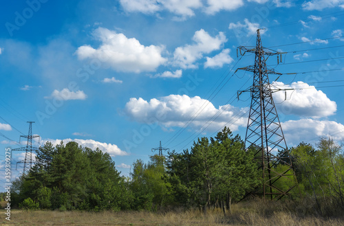 Wallpaper Mural  high-voltage  power lines at clouds and pine forest. Torontodigital.ca