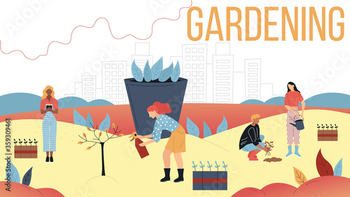Concept Of Gardening. Men And Women Planting And Watering Plants. Male And Female Characters Are Working Outdoor in Garden, Take Care Of Trees And Plants Together. Cartoon Flat Vector Illustration