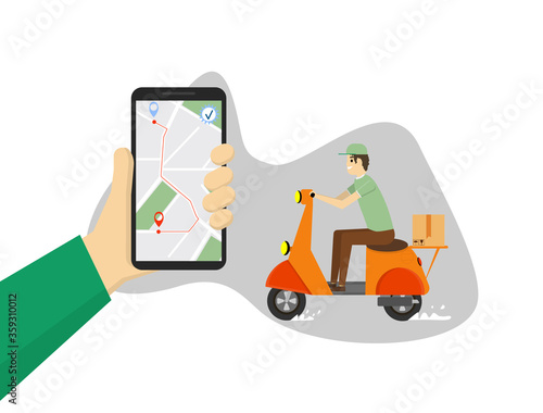 Hand holding mobile smart phone with app delivery tracking. Order delivered message. Delivery, the guy on the moped. Service, Order, Worldwide Shipping, Fast and Free Transport. Vector illustration