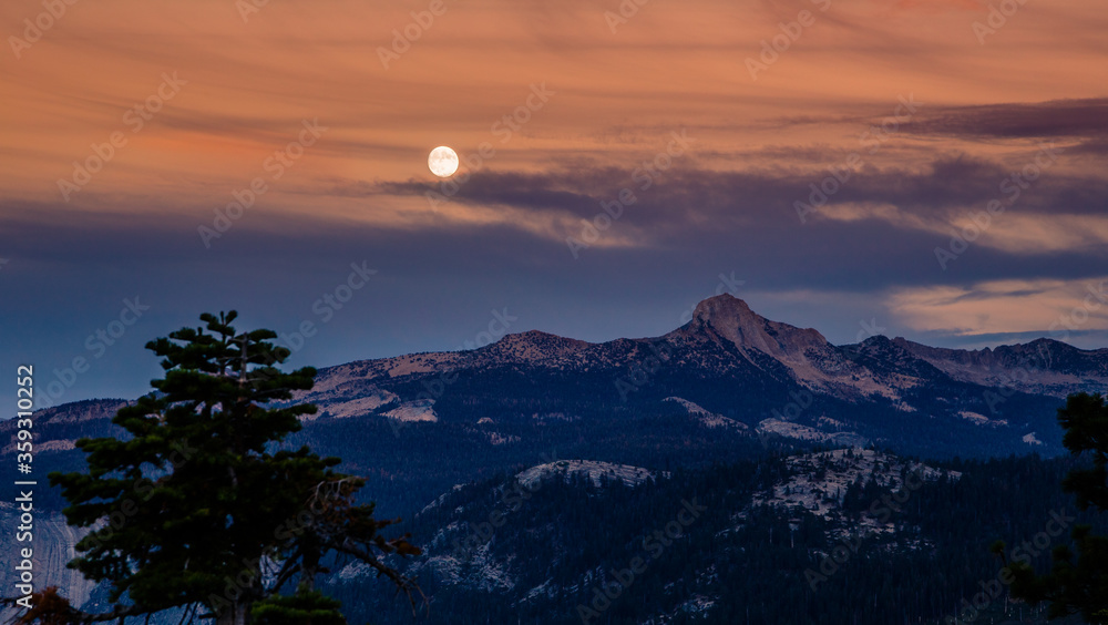 Twilight Moonrise on the Mountains, Yosemite National Park, California