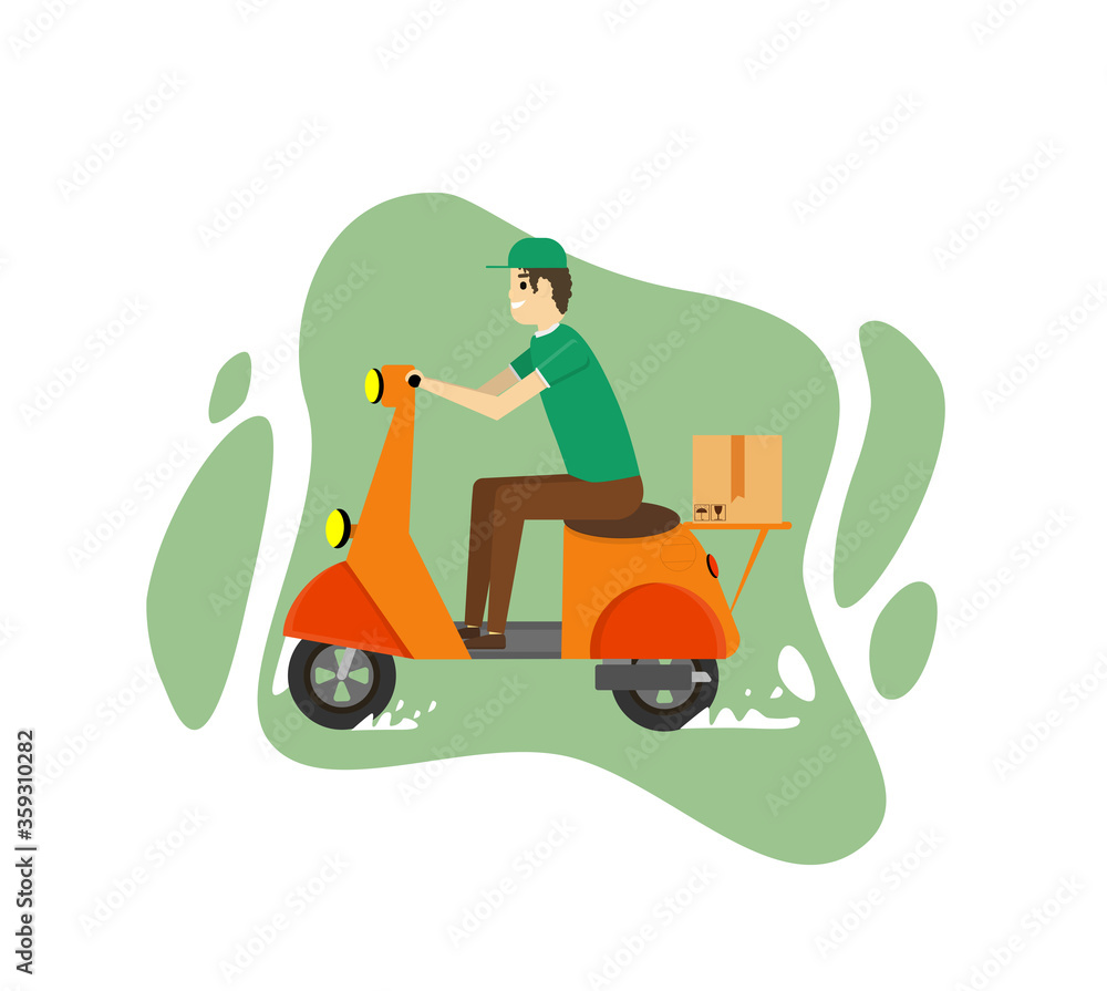 Delivery, the guy on the moped. Service, Order, Worldwide Shipping, Fast and Free Transport. Online delivery service concept, online order tracking, delivery home and office. Vector illustration
