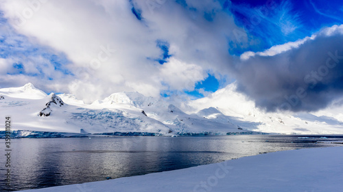 Cloudy weather over the Half Moon Island, an Antarctic island, the South Shetland Islands of the Antarctic Peninsula region. photo