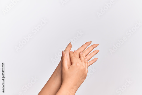 Hand of caucasian young woman touching palms gentle  delicate beauty pose