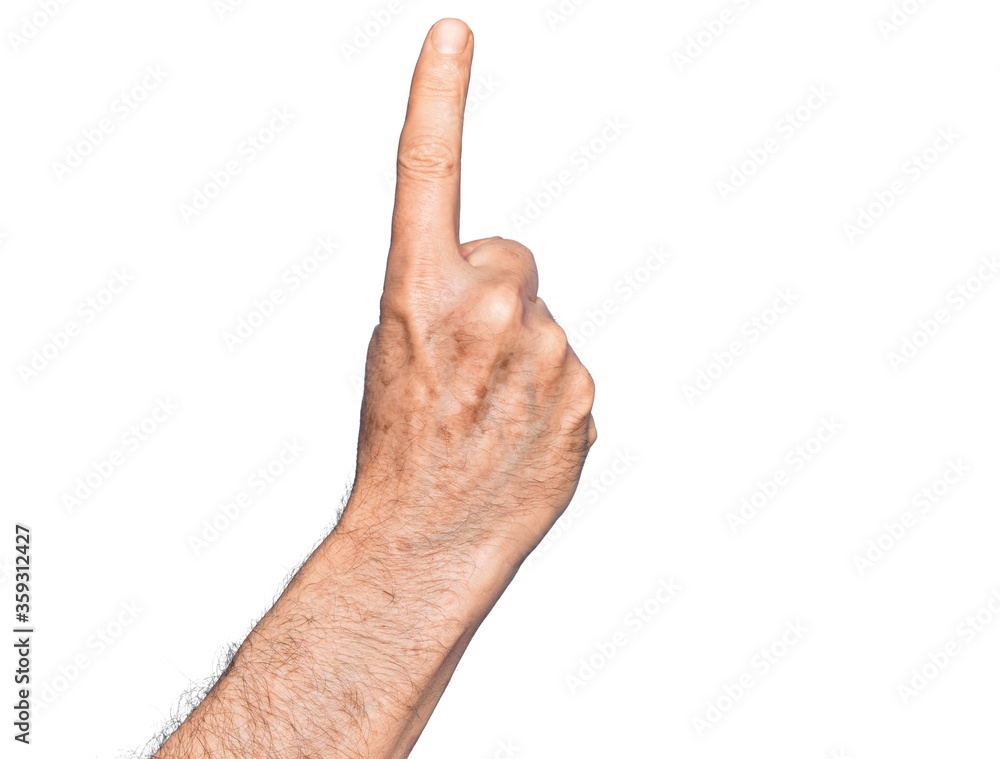 Hand of caucasian middle age man over isolated white background counting number one using index finger, showing idea and understanding Hand of caucasian middle age man over isolated white background counting number one using index finger, showing idea and understanding