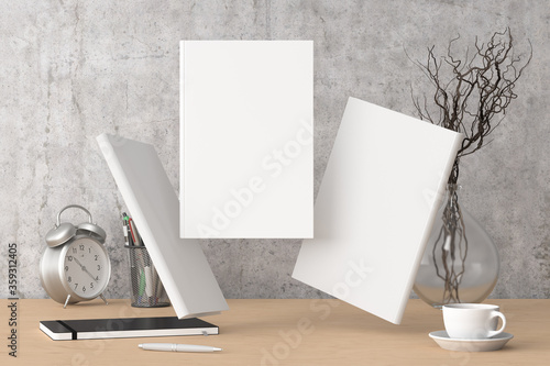 Blank book cover mock up flying over desk in office workspace. Front, spine and back cover views. 3d illustration