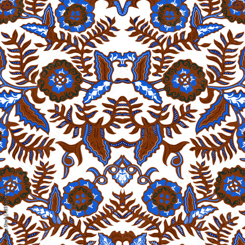 abstract seamless pattern with flowers. Indonesian Batik. Batik Indonesian: is a technique of wax-resist dyeing applied to whole cloth, or cloth made using this technique originated from Indonesia.