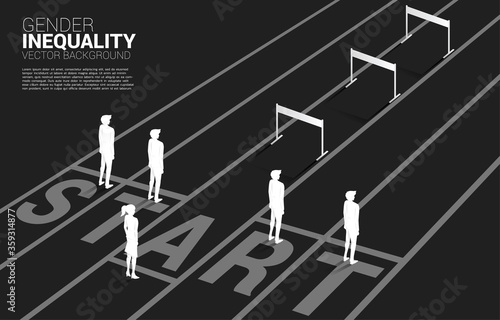 Silhouette hurdles obstacle in front of only one businesswoman . Concept of career obstacles and gender inequality