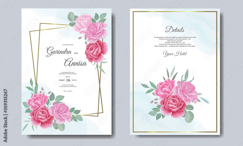 Wedding invitation card template set with beautiful floral leaves Premium Vector