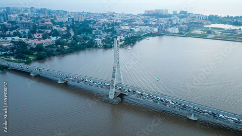 Aerial view of Ikoyi link bridge with traffic in Lagos Nigeria 