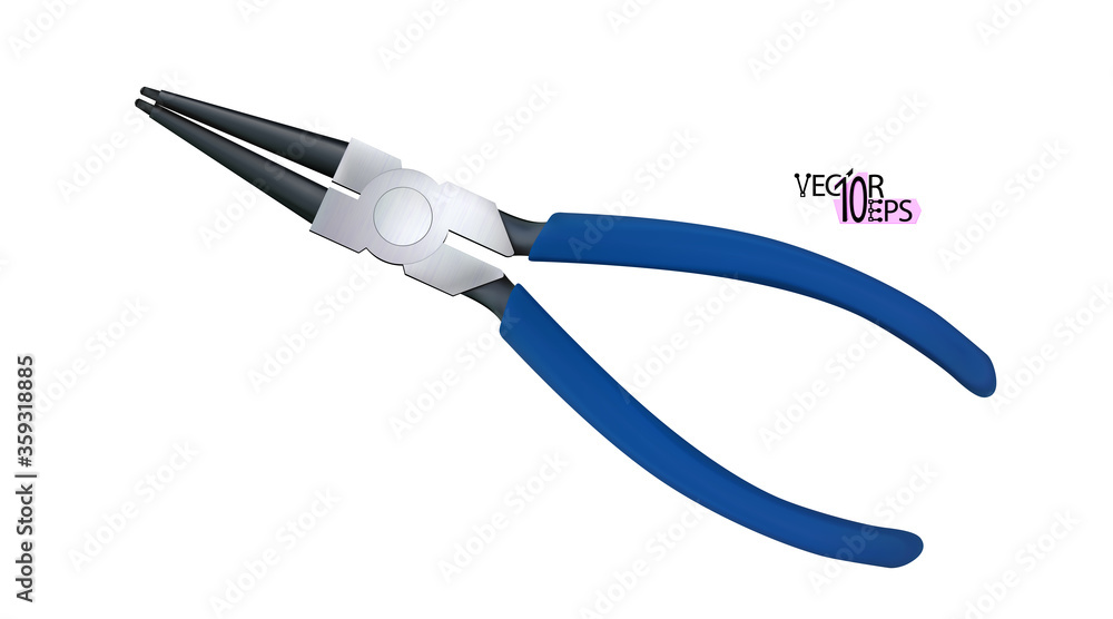 Close up realistic puller snap ring plier with rubber, blue plastic handles isolated on white background. Modern hand tool mechanics for repair and assembly of mechanisms. Vector illustration. Close up realistic puller snap ring plier with rubber, blue plastic handles isolated on white background. Modern hand tool mechanics for repair and assembly of mechanisms. Vector illustration.