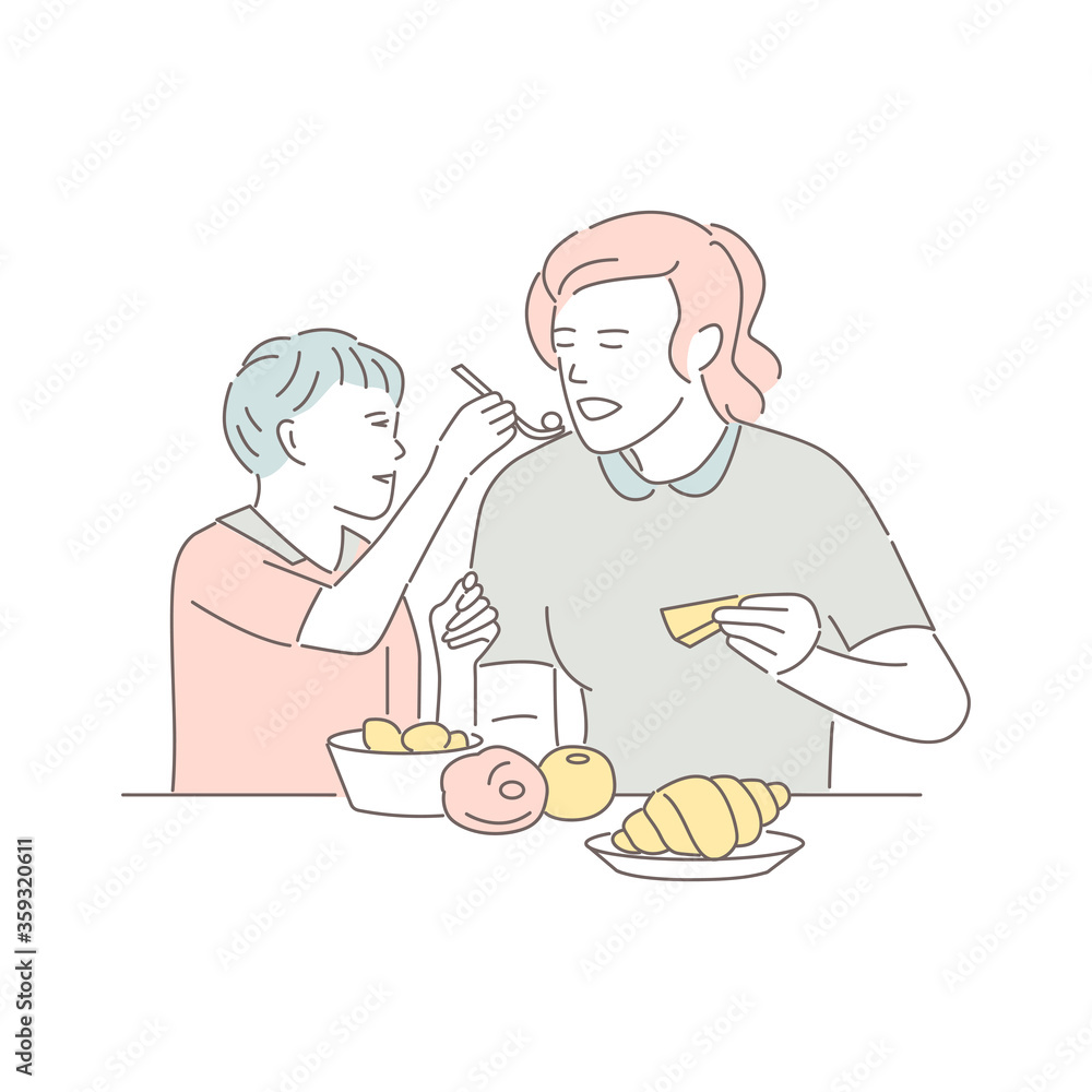Mother and son sitting at the table and eating. Lovely woman with child eats dishes in restaurant, isolated on white. Motherhood portrait. People enjoy spending time together. Flat vector illustration Mother and son sitting at the table and eating. Lovely woman with child eats dishes in restaurant, isolated on white. Motherhood portrait. People enjoy spending time together. Flat vector illustration