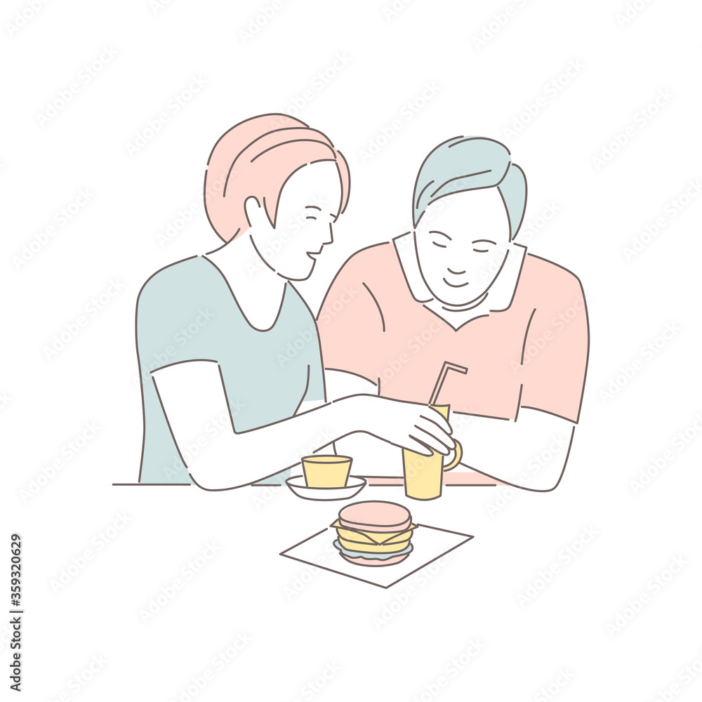 Man and woman eating fast food at cafeteria. Love couple spending time together, isolated on white. Lovers people sitting, talking and having dinner burgers and drinking soda. Flat vector illustration Man and woman eating fast food at cafeteria. Love couple spending time together, isolated on white. Lovers people sitting, talking and having dinner burgers and drinking soda. Flat vector illustration