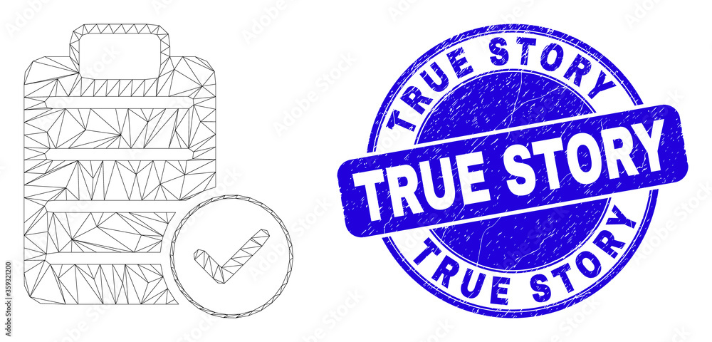 Obraz premium Web carcass accept pad text icon and True Story stamp. Blue vector rounded grunge stamp with True Story text. Abstract carcass mesh polygonal model created from accept pad text icon.