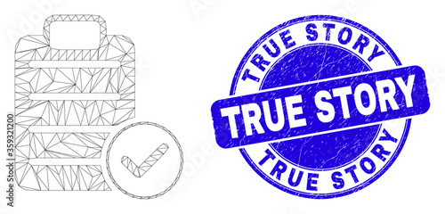 Web carcass accept pad text icon and True Story stamp. Blue vector rounded grunge stamp with True Story text. Abstract carcass mesh polygonal model created from accept pad text icon.