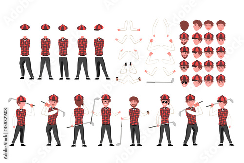 Golfer character constructor. Man golfer creation set. Different equipments, postures, emotions, body parts and clothes collection. Vector cartoon illustration. Front, side, back view.
