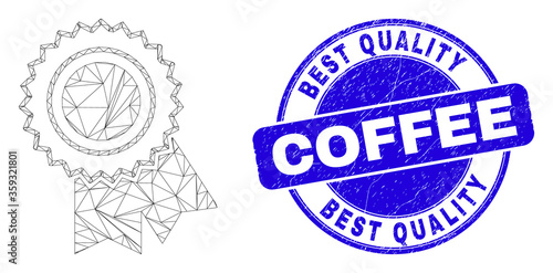 Web carcass award seal pictogram and Best Quality Coffee seal stamp. Blue vector round scratched seal stamp with Best Quality Coffee title.