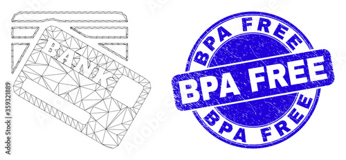 Web carcass bank cards icon and Bpa Free seal stamp. Blue vector rounded distress seal stamp with Bpa Free phrase. Abstract frame mesh polygonal model created from bank cards icon.