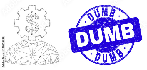 Web carcass banker gear person pictogram and Dumb stamp. Blue vector round textured stamp with Dumb title. Abstract frame mesh polygonal model created from banker gear person pictogram.