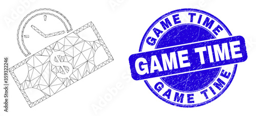 Web carcass banknote credit time icon and Game Time seal stamp. Blue vector rounded textured seal stamp with Game Time title.