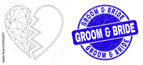 Web carcass broken heart pictogram and Groom & Bride seal stamp. Blue vector rounded grunge seal stamp with Groom & Bride phrase.