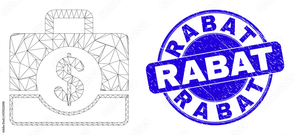 Web carcass business case pictogram and Rabat stamp. Blue vector rounded grunge seal stamp with Rabat phrase. Abstract carcass mesh polygonal model created from business case pictogram.