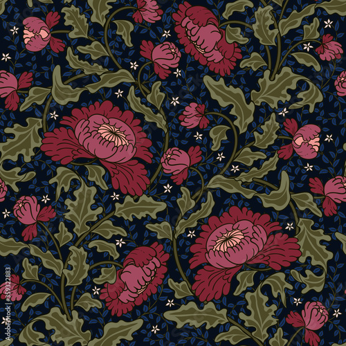 Intertwining branches with blue leaves on a dark blue background. Vintage decorative seamless pattern.