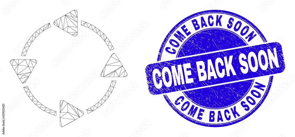 Web mesh CCW circulation arrows icon and Come Back Soon seal stamp. Blue vector rounded scratched seal stamp with Come Back Soon caption.